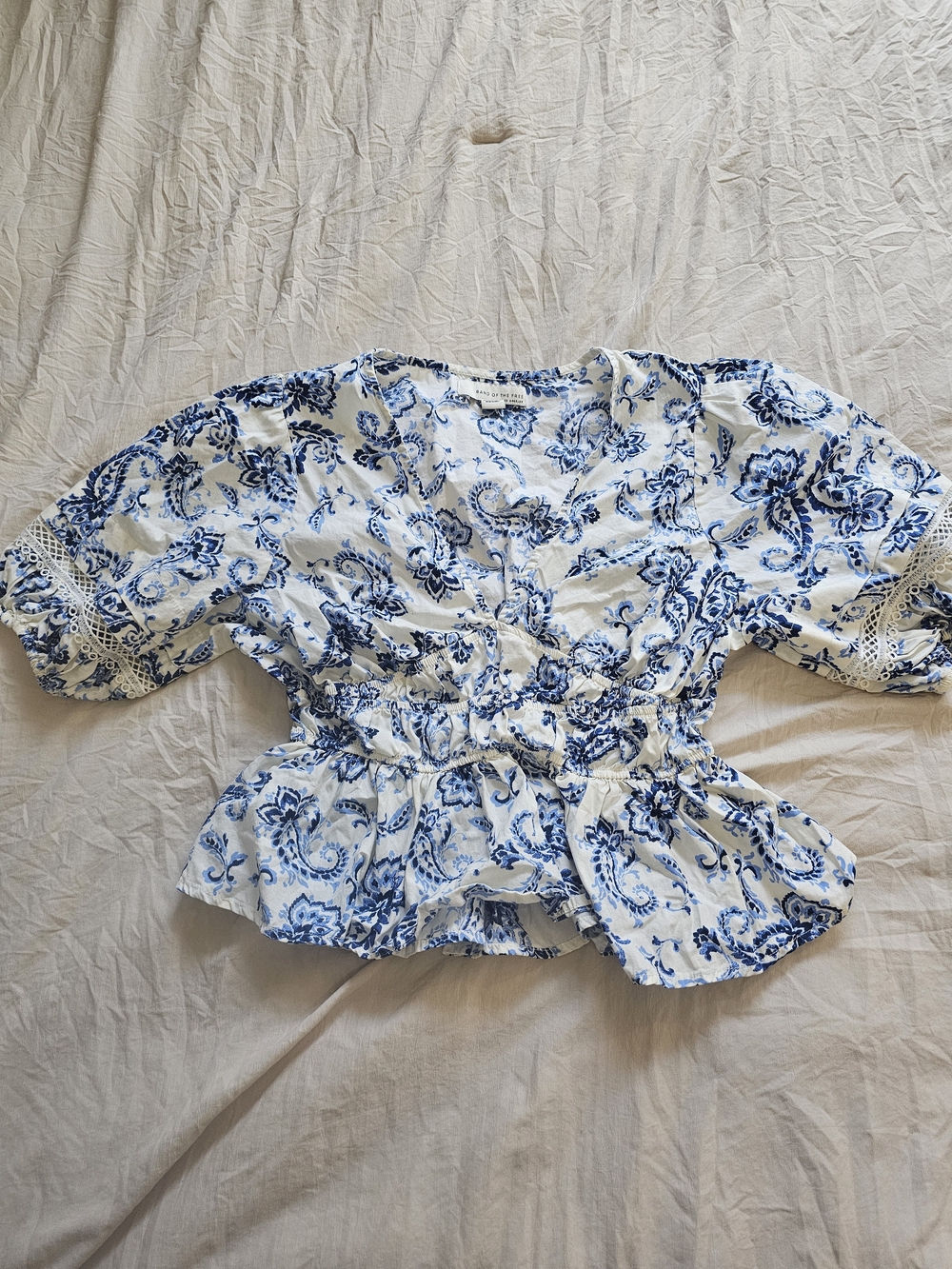 Band of the Free Blue White Paisley Peplum Blouse Medium Boho Cottage Top